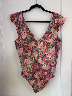 summersalt Pink Multi Floral V-Neck Ruffle Sleeve Bodysuit